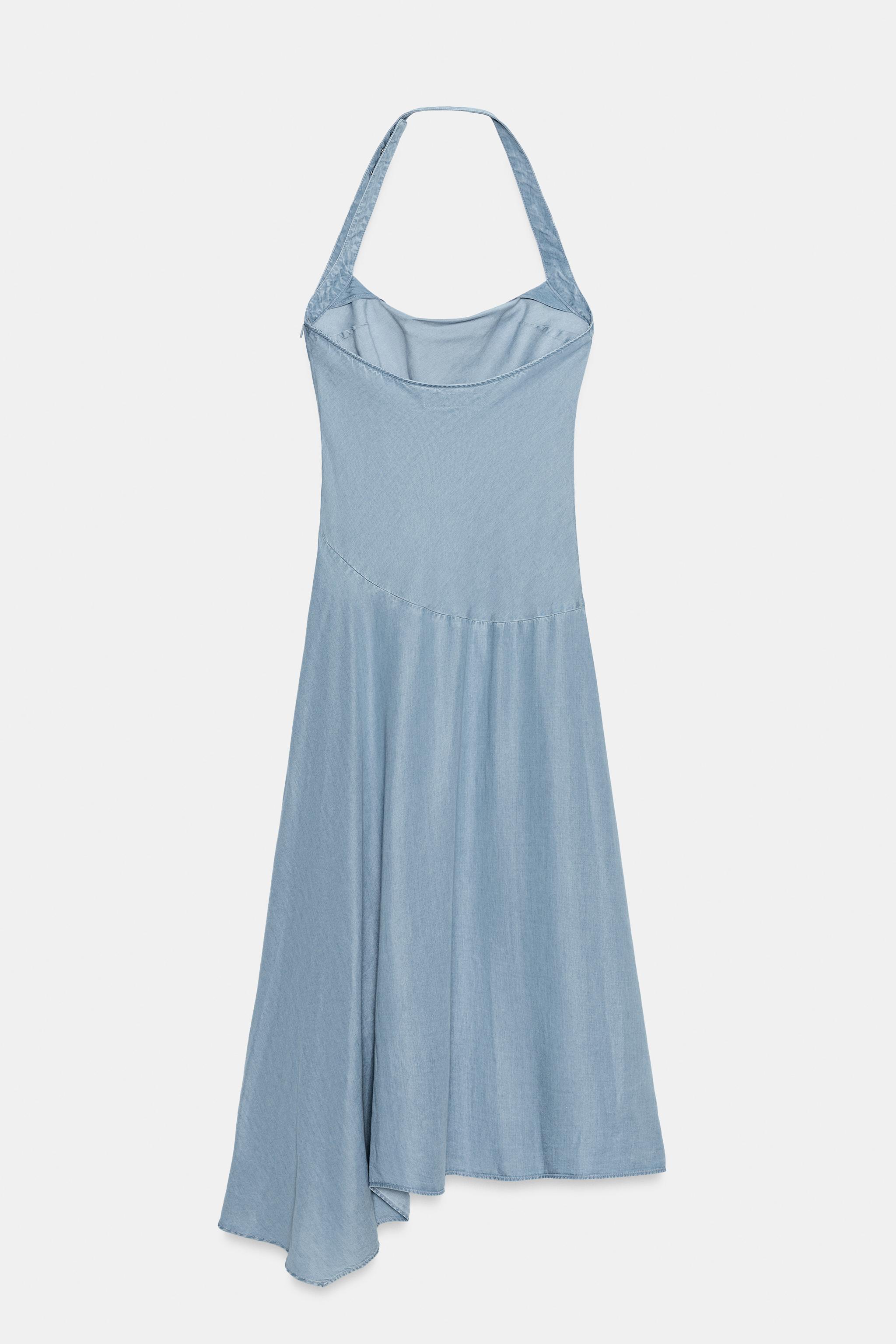 ASYMMETRIC TRF HALTER DENIM DRESS